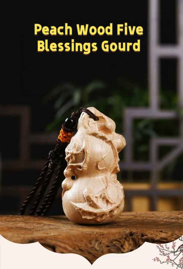 Peach Wood Five Blessings Gourd – Ming-Qing Style Hand-Carved Wearable Talisman